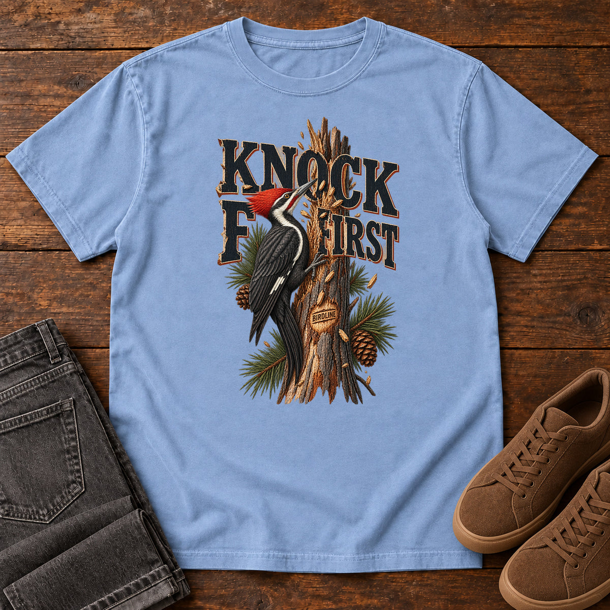 Washed Denim Knock First Woodpecker T-Shirt with a red-crested woodpecker on a pine trunk beneath Knock First lettering, front flat lay on wood.