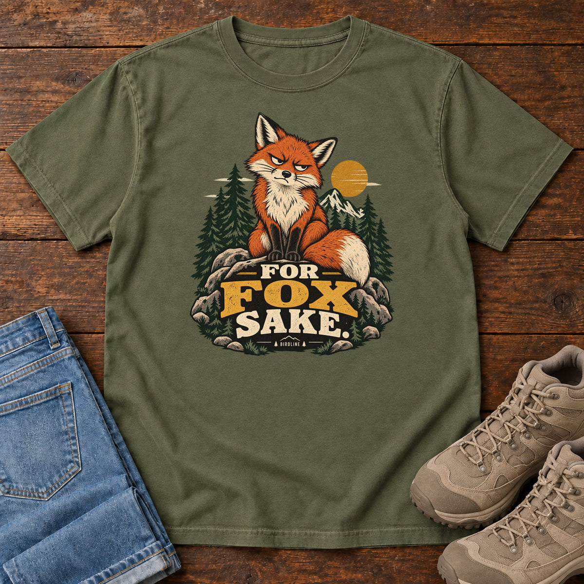 Hemp For Fox Sake T-Shirt with an orange fox sitting on rocks against pines, mountains and a golden sun; front flat lay on wood.