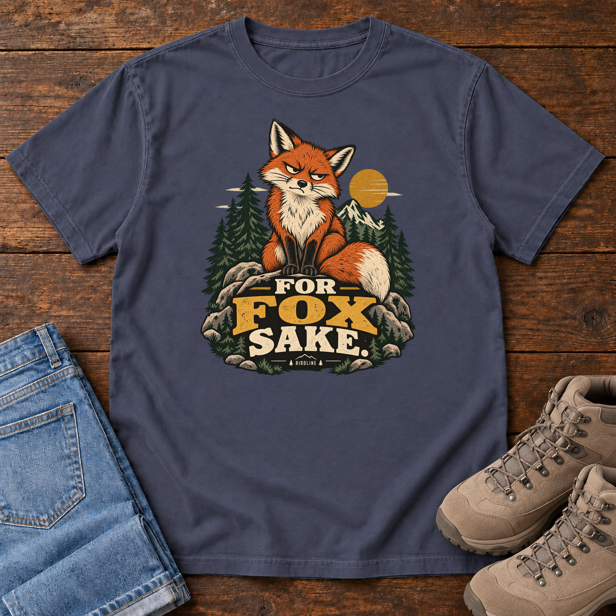 Navy For Fox Sake T-Shirt with an orange fox sitting on rocks against pines, mountains and a golden sun; front flat lay on wood.