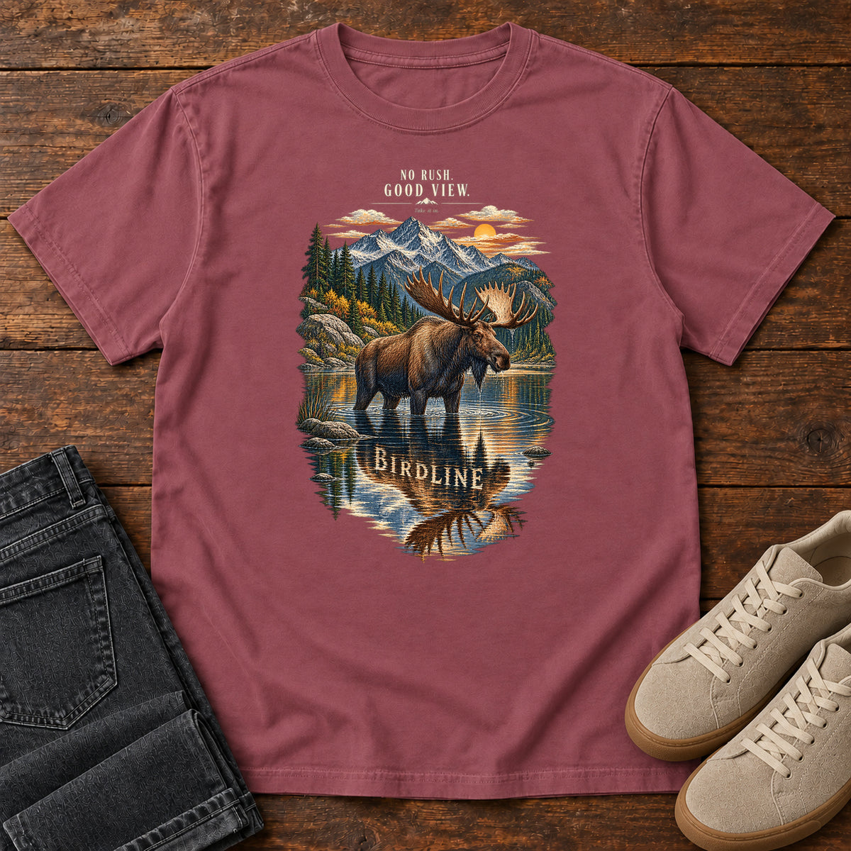 No Rush Good View Moose T-Shirt in Brick