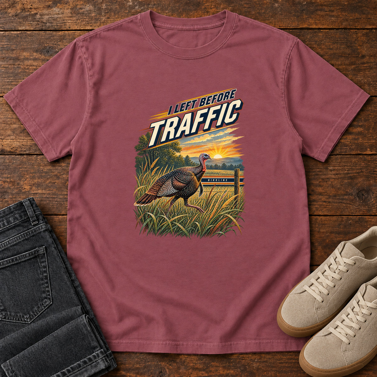 I Left Before Traffic Turkey T-Shirt in Brick, left side