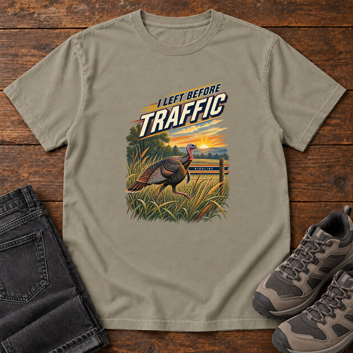 I Left Before Traffic Turkey T-Shirt in Sandstone, left side