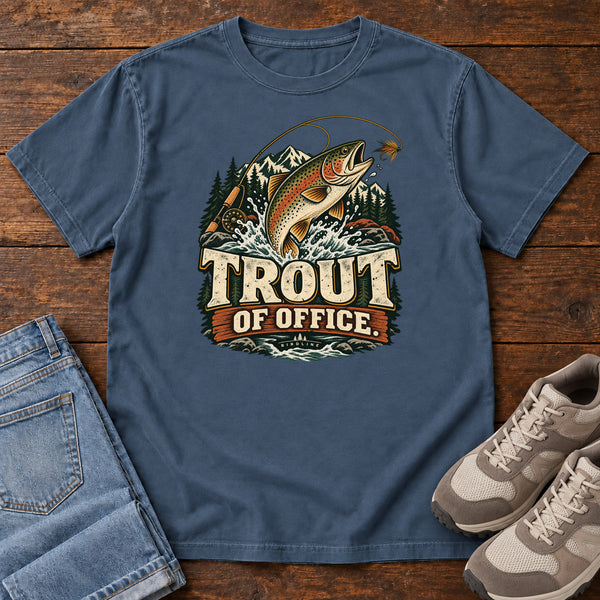 Trout of Office Fly Rod T-Shirt in Midnight, front view