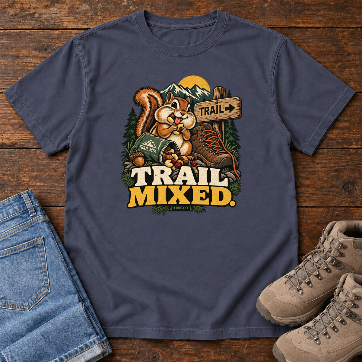 Navy Trail Mixed T-Shirt with a bushy-tailed cartoon animal beside a trail-mix bag, hiking boot and trail sign, front flat lay on wood.