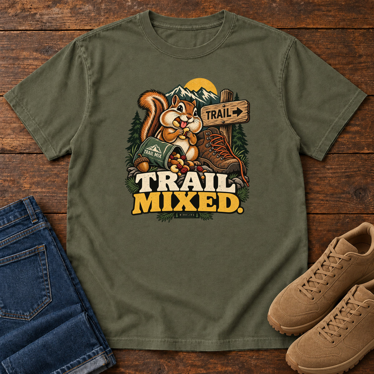 Sage Trail Mixed T-Shirt with a bushy-tailed cartoon animal beside a trail-mix bag, hiking boot and trail sign, front flat lay on wood.