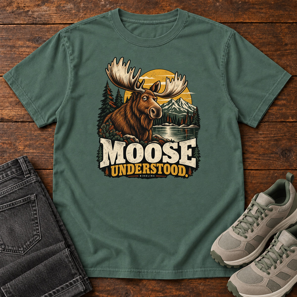 Blue Spruce Moose Understood T-Shirt with an antlered moose beside a mountain lake, pines and a golden sun; front flat lay on wood.