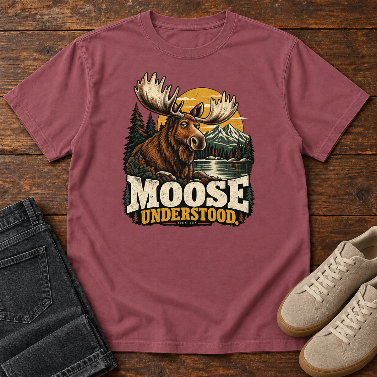 Brick Moose Understood T-Shirt with an antlered moose beside a mountain lake, pines and a golden sun; front flat lay on wood.