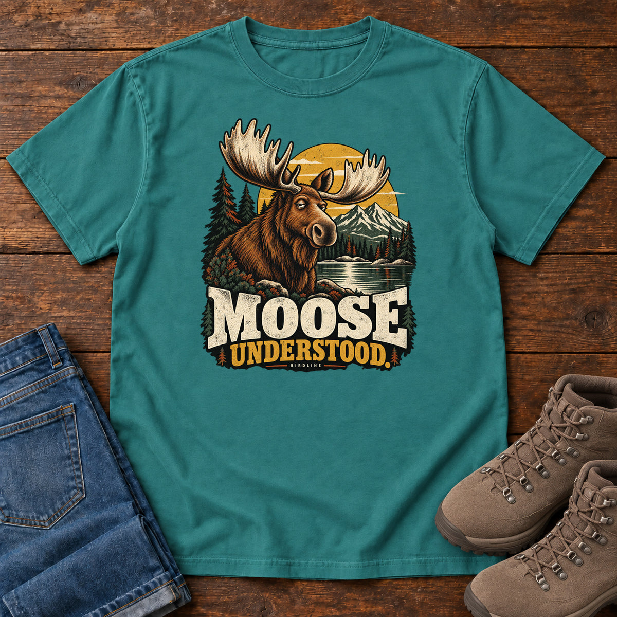 Emerald Moose Understood T-Shirt with an antlered moose beside a mountain lake, pines and a golden sun; front flat lay on wood.