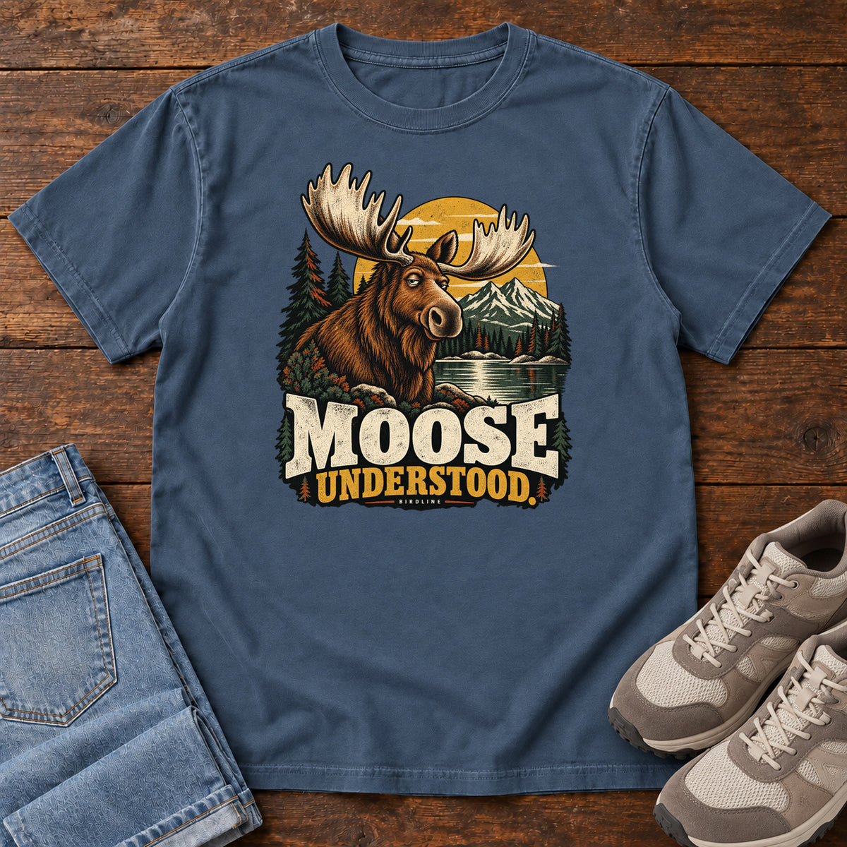 Midnight Moose Understood T-Shirt with an antlered moose beside a mountain lake, pines and a golden sun; front flat lay on wood.