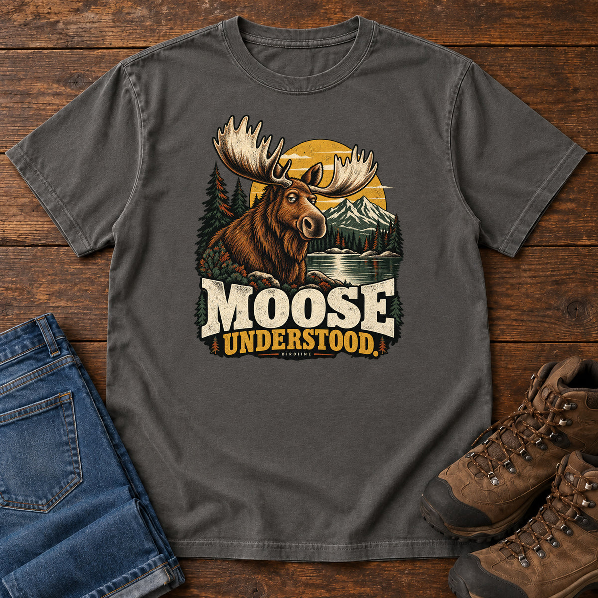 Pepper Moose Understood T-Shirt with an antlered moose beside a mountain lake, pines and a golden sun; front flat lay on wood.