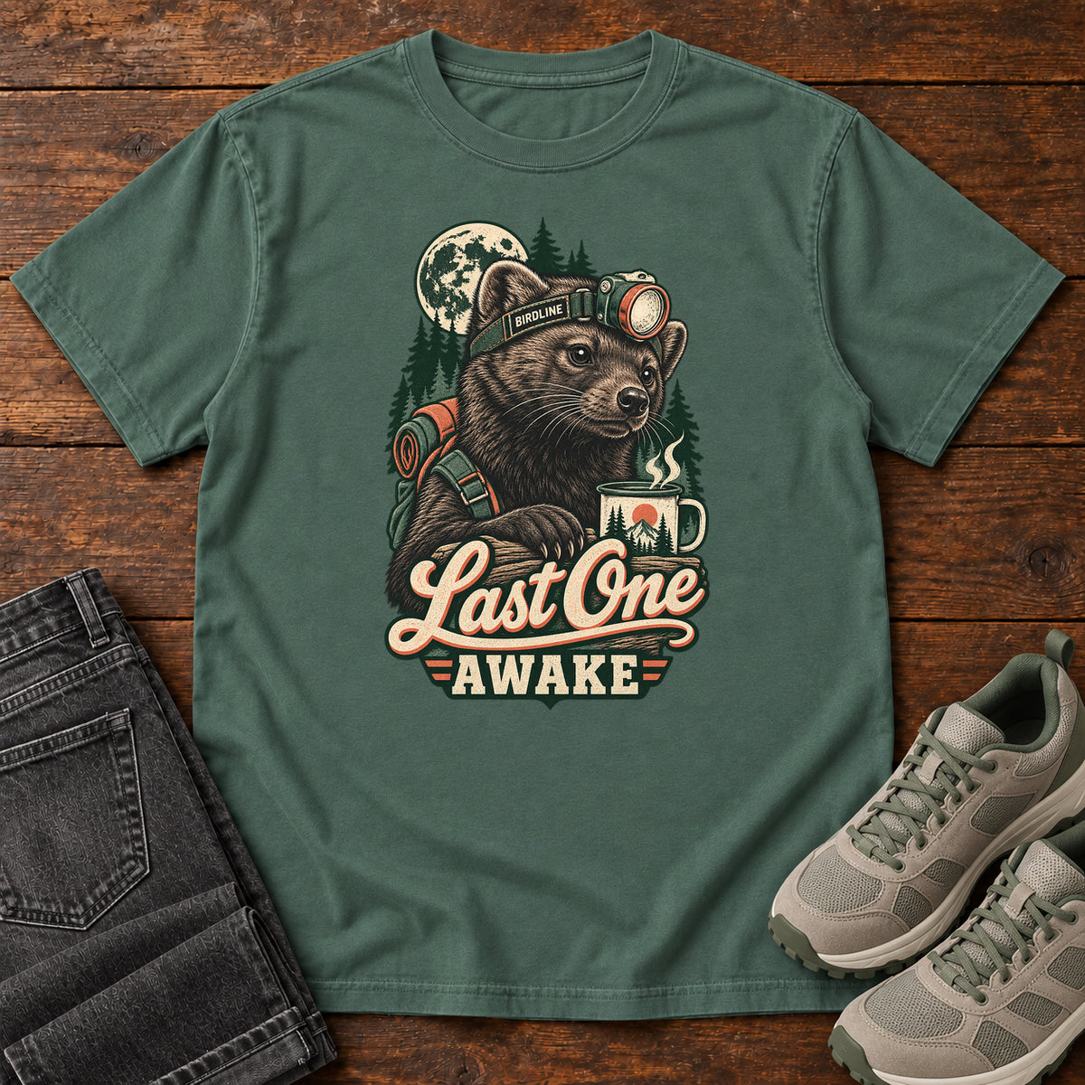 Last One Awake Raccoon Headlamp T-Shirt in Blue Spruce