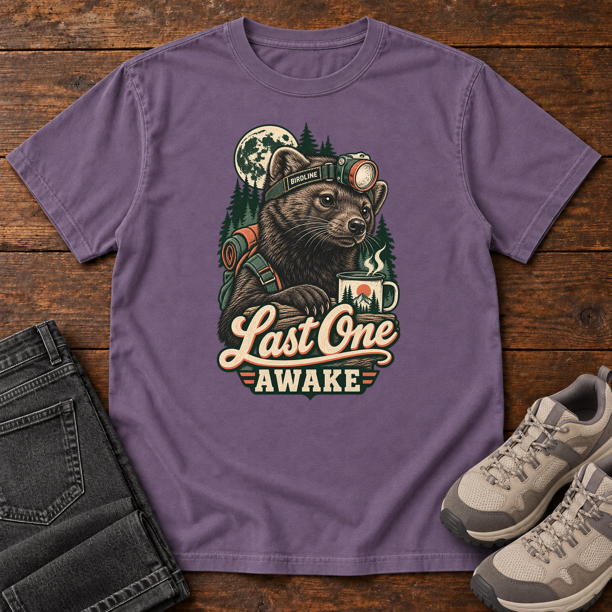 Last One Awake Raccoon Headlamp T-Shirt in Grape