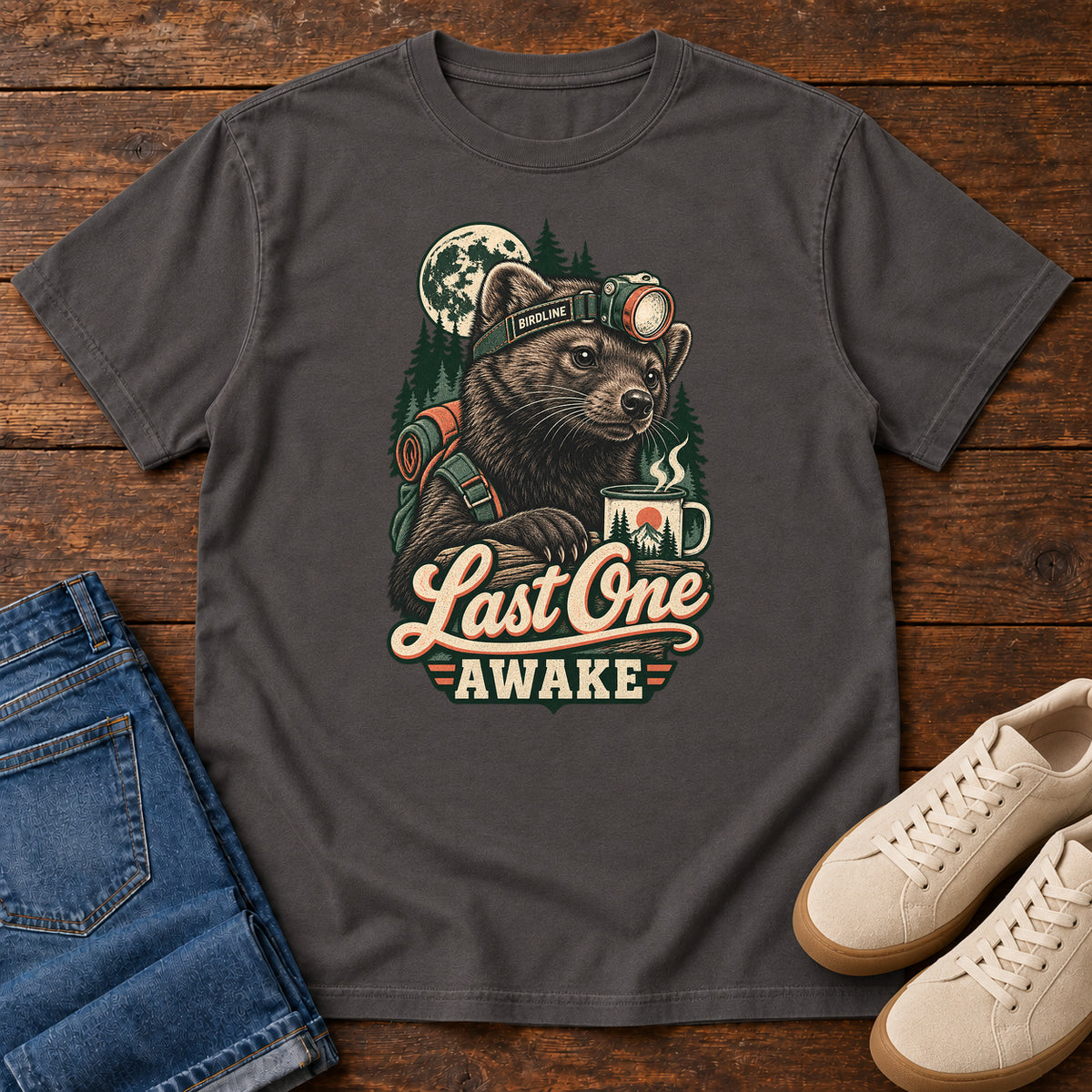 Last One Awake Raccoon Headlamp T-Shirt in Graphite