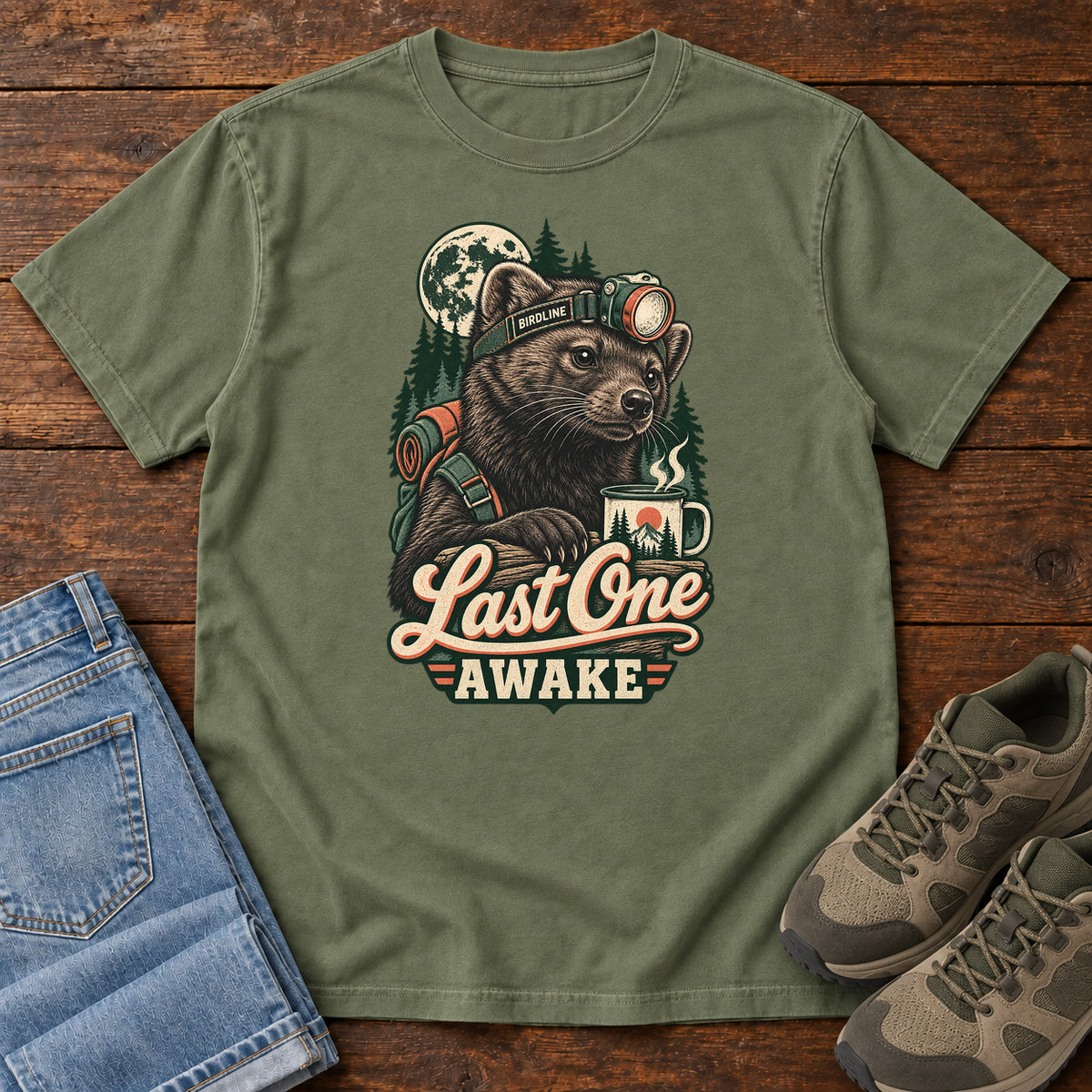 Last One Awake Raccoon Headlamp T-Shirt in Moss