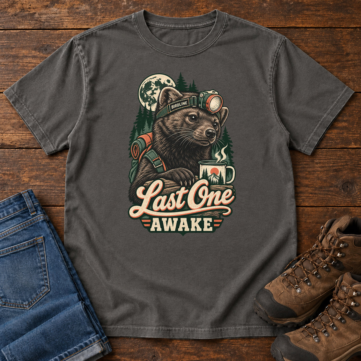 Last One Awake Raccoon Headlamp T-Shirt in Pepper