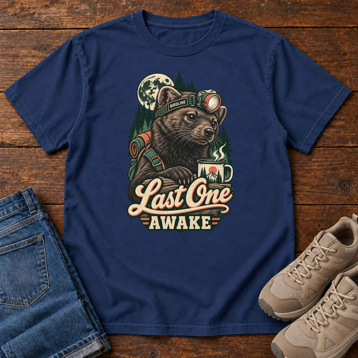 Last One Awake Raccoon Headlamp T-Shirt in True Navy