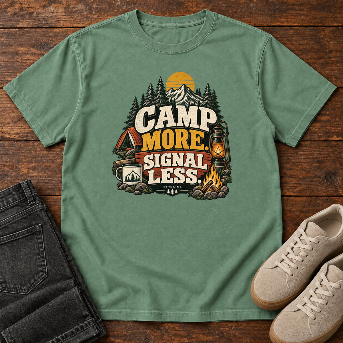 Light Green Camp More Signal Less T-Shirt with a tent, lantern, campfire and mountain scene around bold slogan lettering; front flat lay on wood.