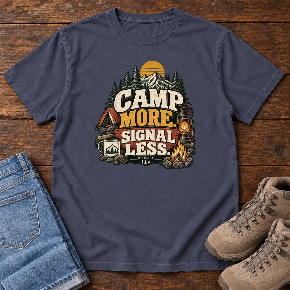 Navy Camp More Signal Less T-Shirt with a tent, lantern, campfire and mountain scene around bold slogan lettering; front flat lay on wood.