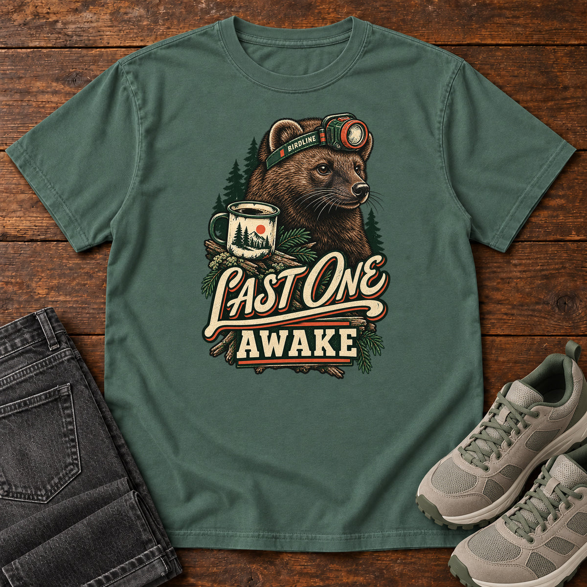 Last One Awake Badger T-Shirt in Blue Spruce
