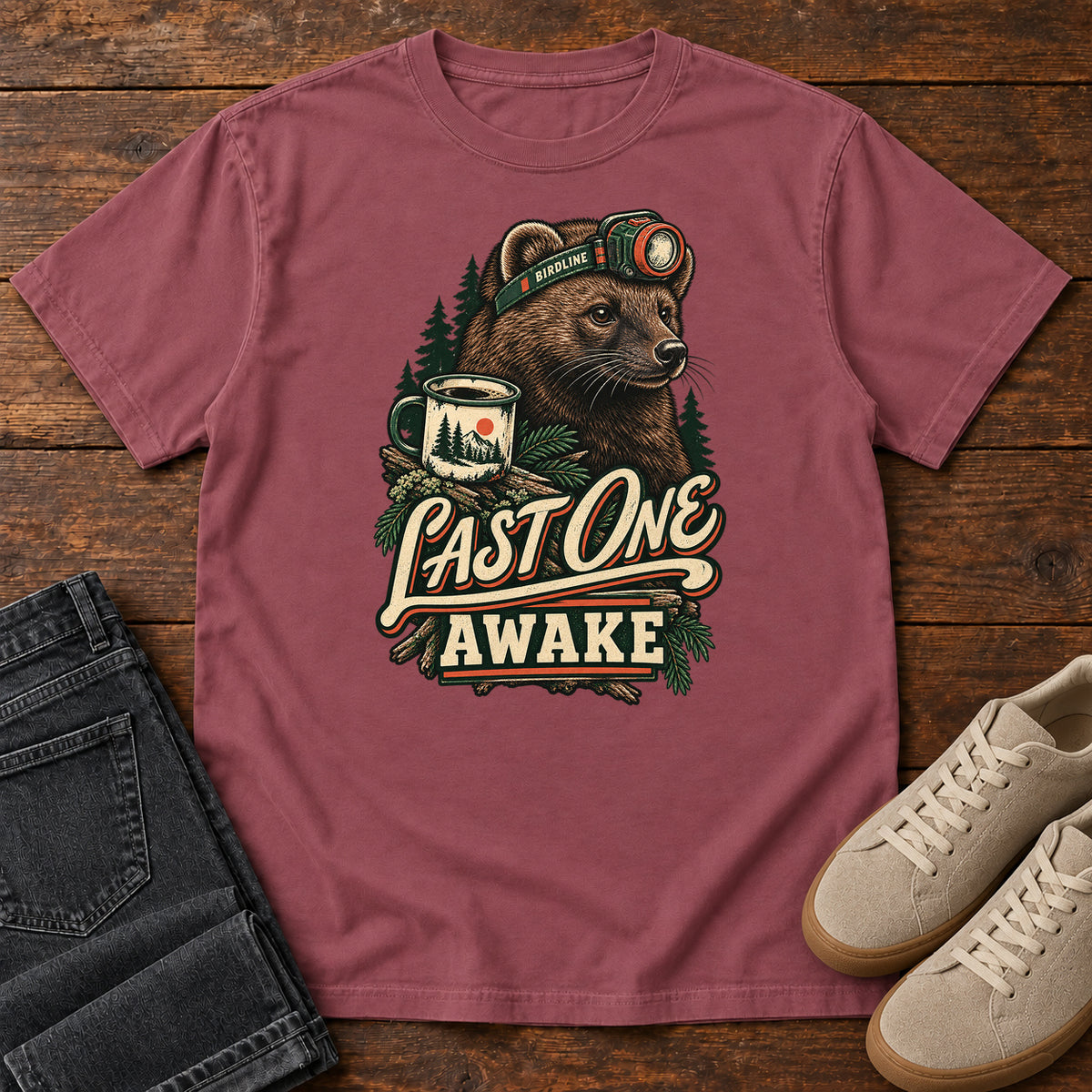 Last One Awake Badger T-Shirt in Brick