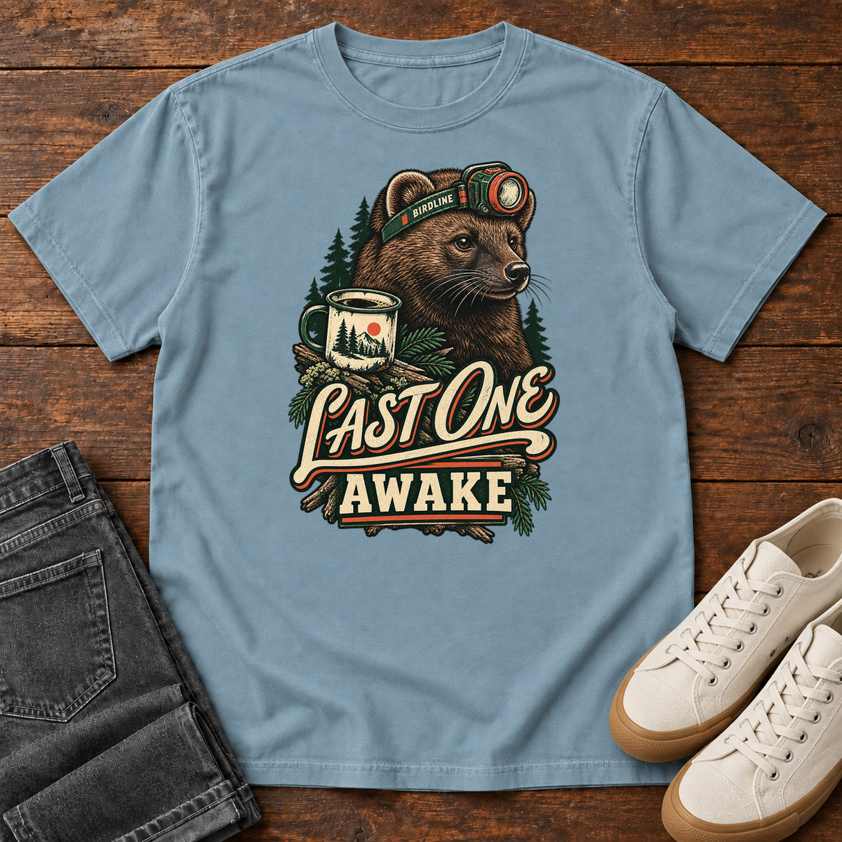 Last One Awake Badger T-Shirt in Ice Blue
