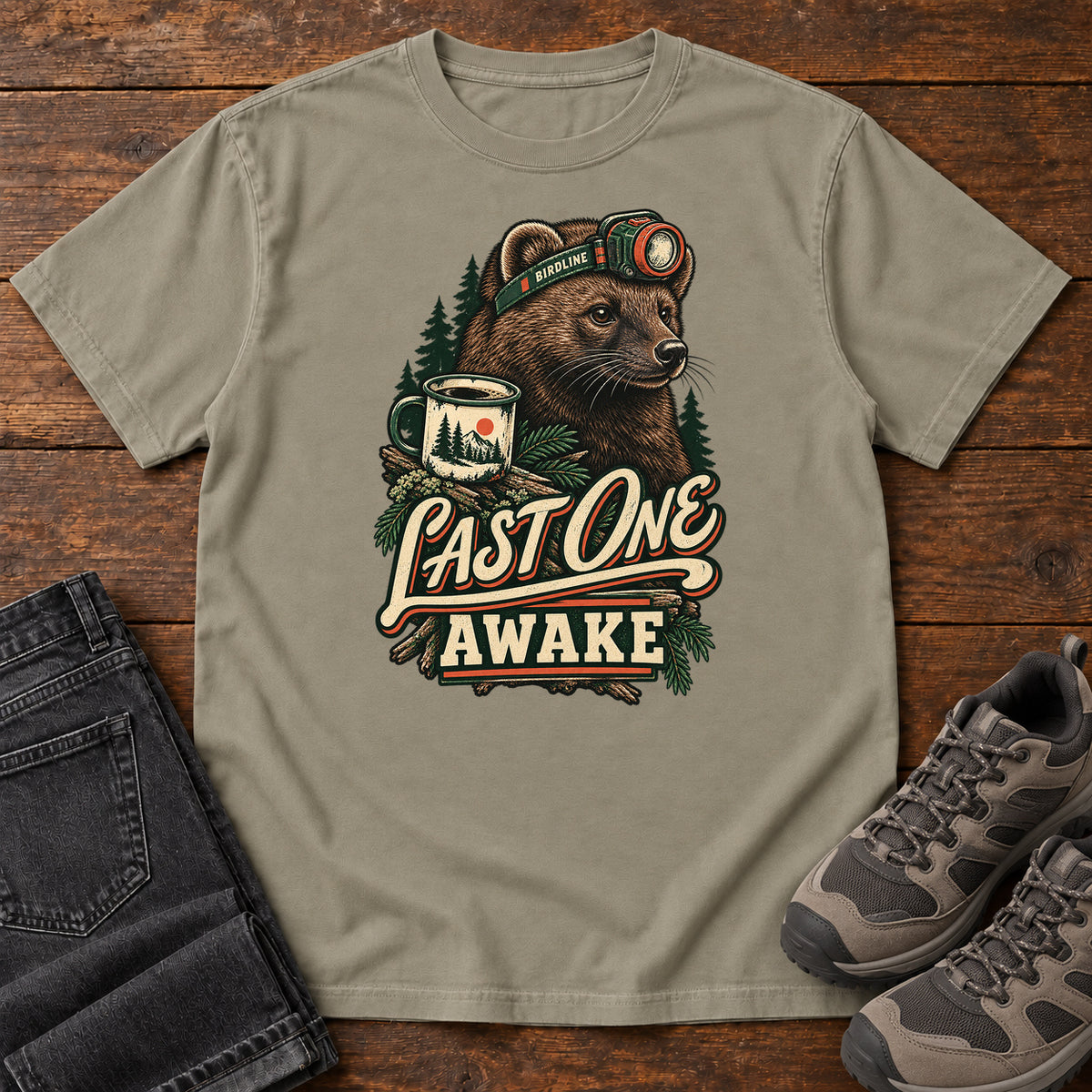 Last One Awake Badger T-Shirt in Sandstone