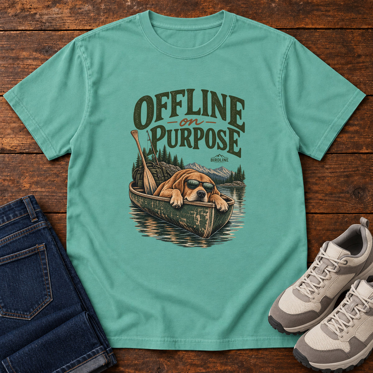 Seafoam Offline on Purpose Canoe T-Shirt with a brown dog wearing sunglasses and resting in a canoe below dark green lettering, front flat lay on wood.
