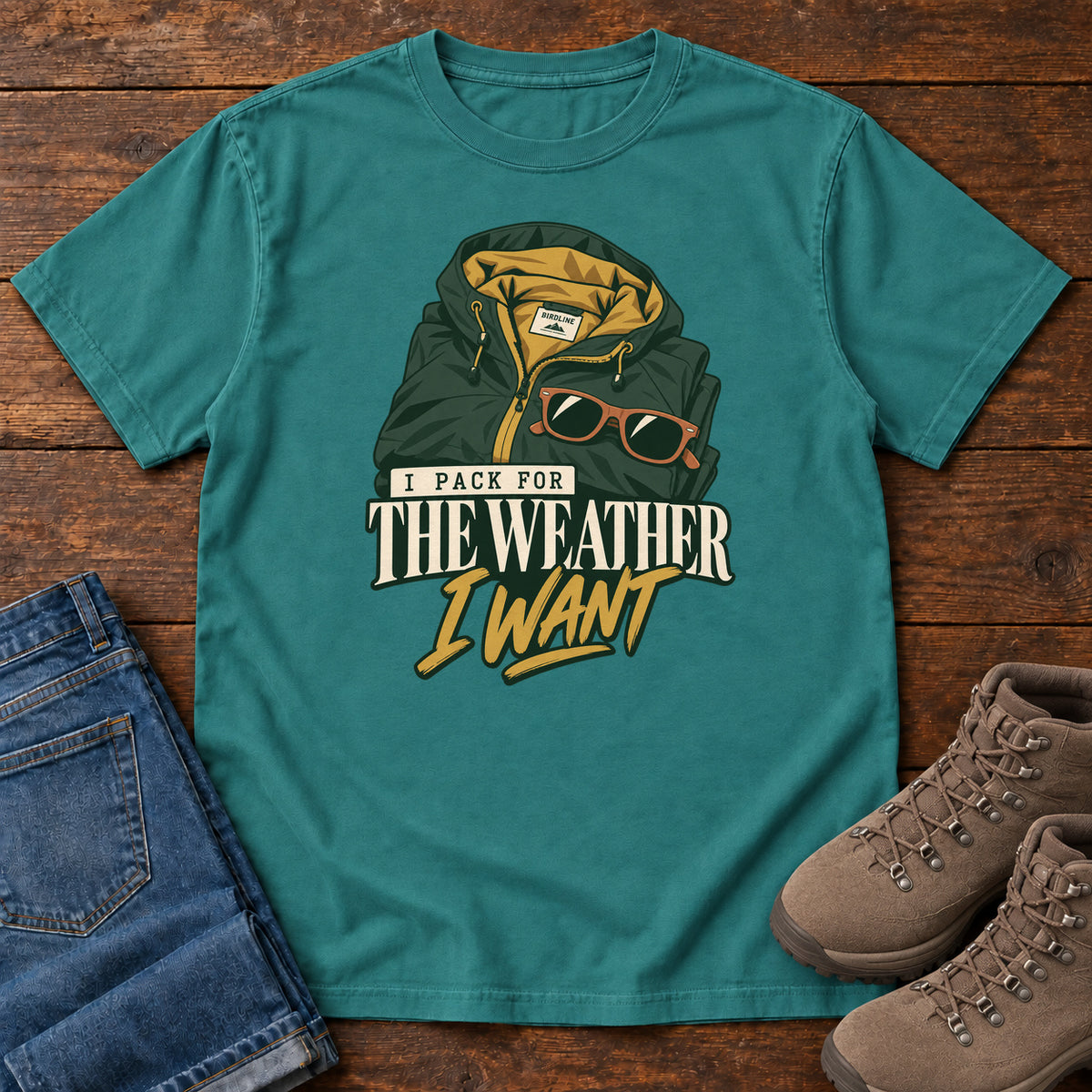 Emerald I Pack for the Weather I Want T-Shirt with a green hooded jacket and sunglasses above cream and gold lettering; front flat lay on wood.