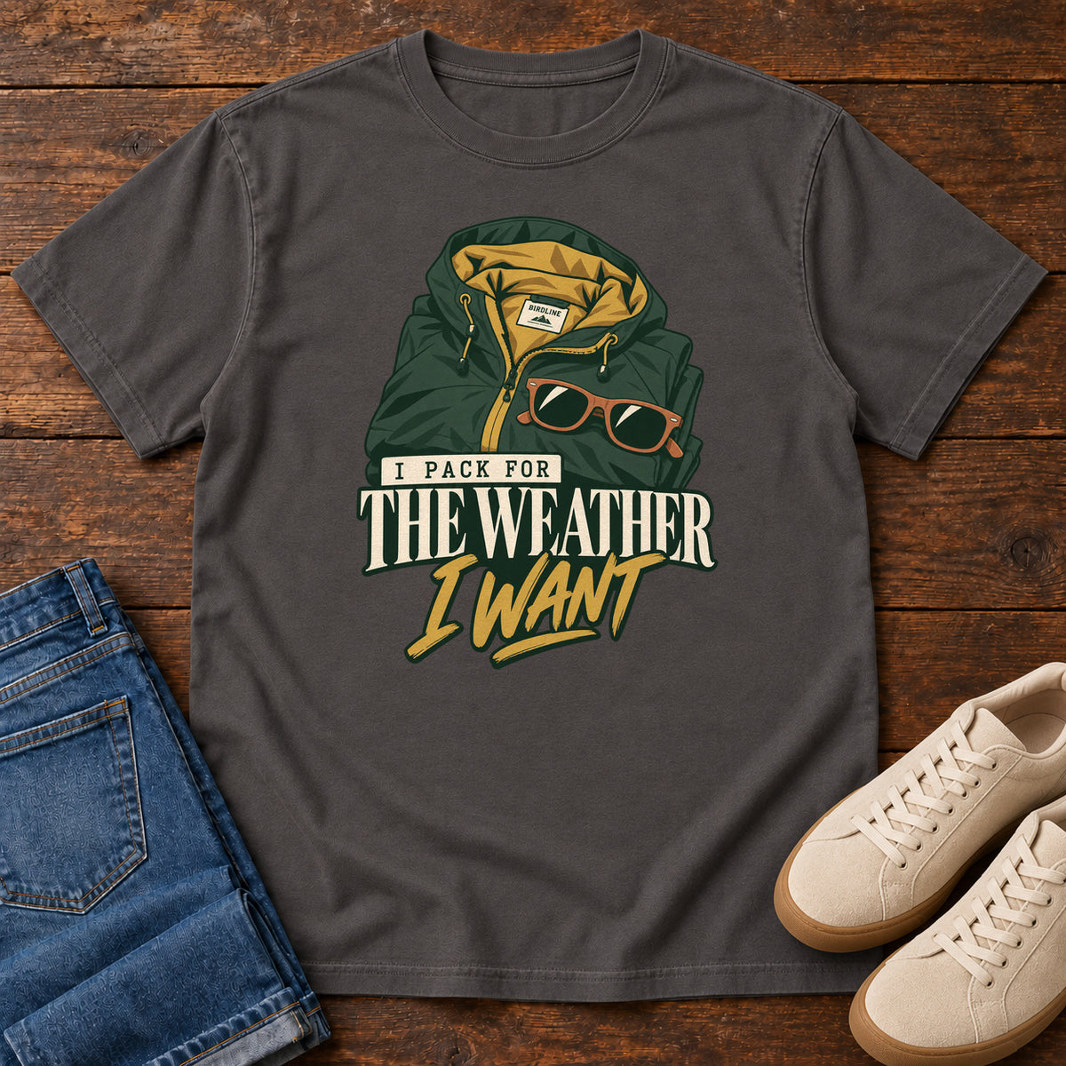 Graphite I Pack for the Weather I Want T-Shirt with a green hooded jacket and sunglasses above cream and gold lettering; front flat lay on wood.