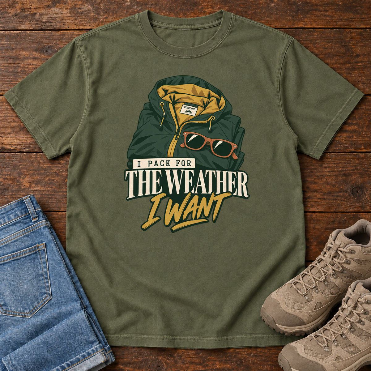 Hemp I Pack for the Weather I Want T-Shirt with a green hooded jacket and sunglasses above cream and gold lettering; front flat lay on wood.