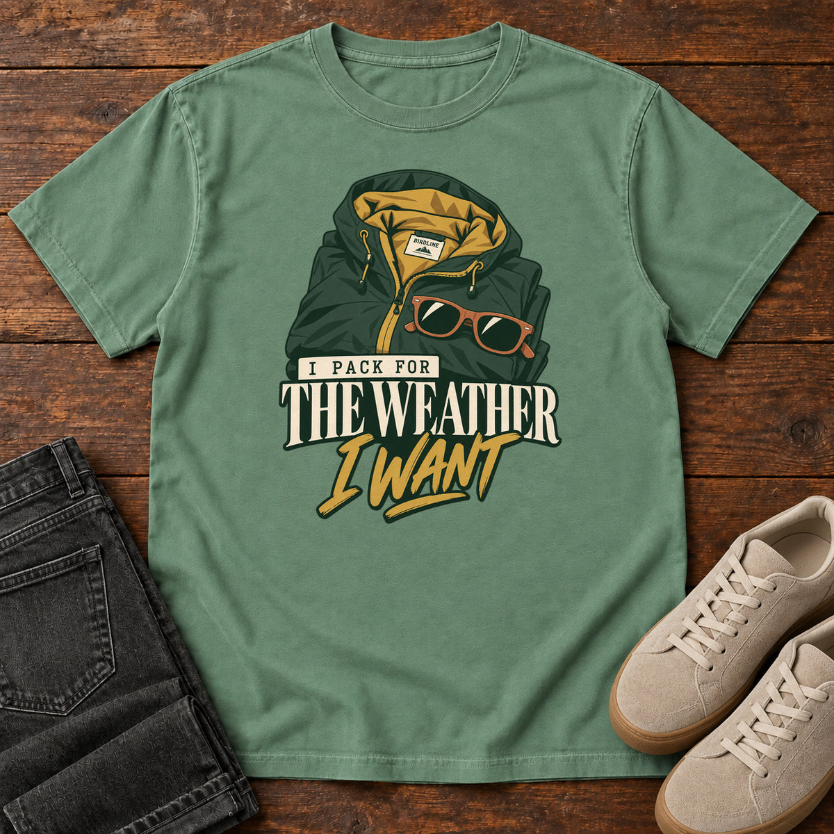 Light Green I Pack for the Weather I Want T-Shirt with a green hooded jacket and sunglasses above cream and gold lettering; front flat lay on wood.