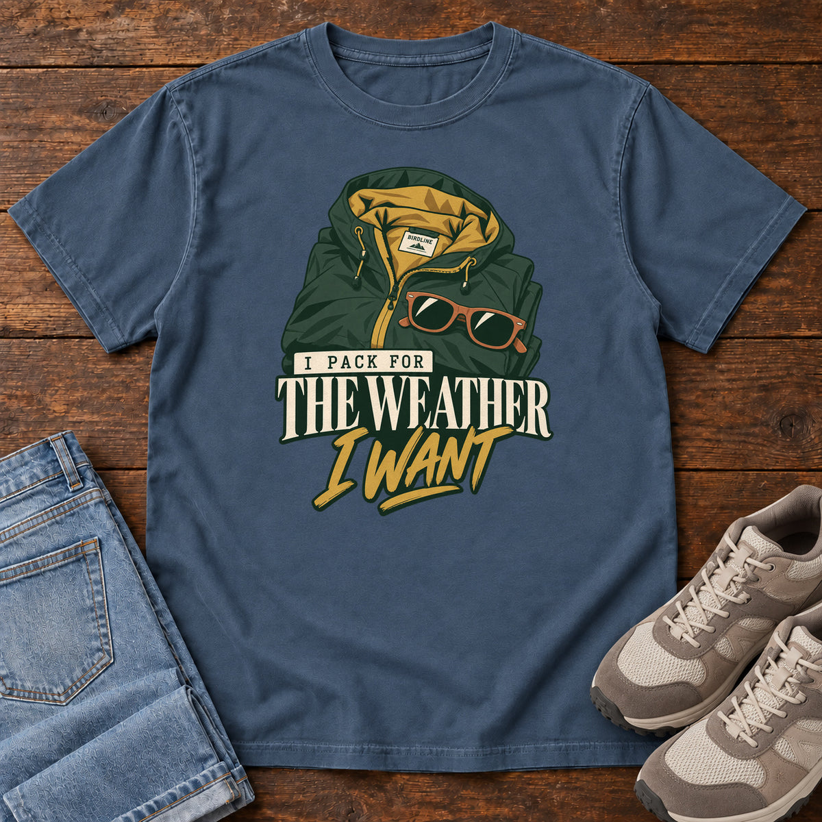 Midnight I Pack for the Weather I Want T-Shirt with a green hooded jacket and sunglasses above cream and gold lettering; front flat lay on wood.