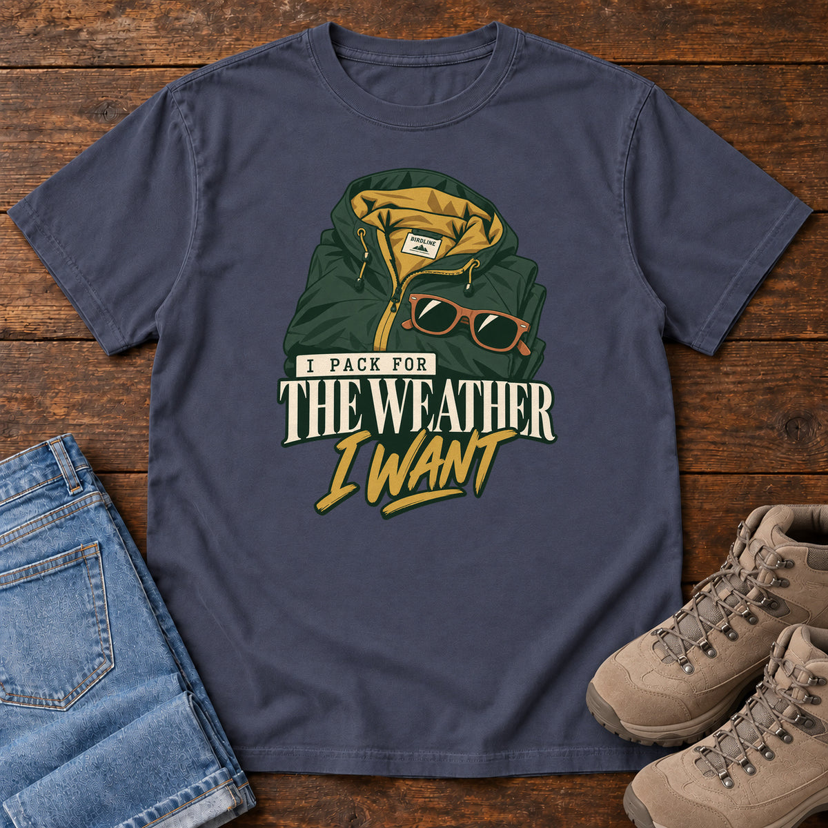 Navy I Pack for the Weather I Want T-Shirt with a green hooded jacket and sunglasses above cream and gold lettering; front flat lay on wood.