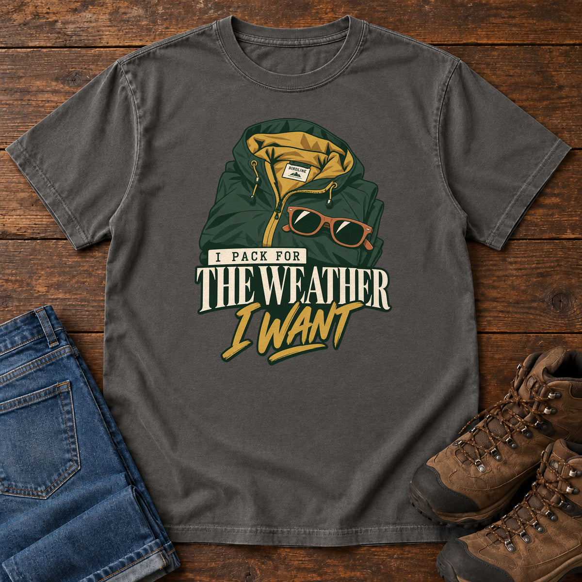 Pepper I Pack for the Weather I Want T-Shirt with a green hooded jacket and sunglasses above cream and gold lettering; front flat lay on wood.