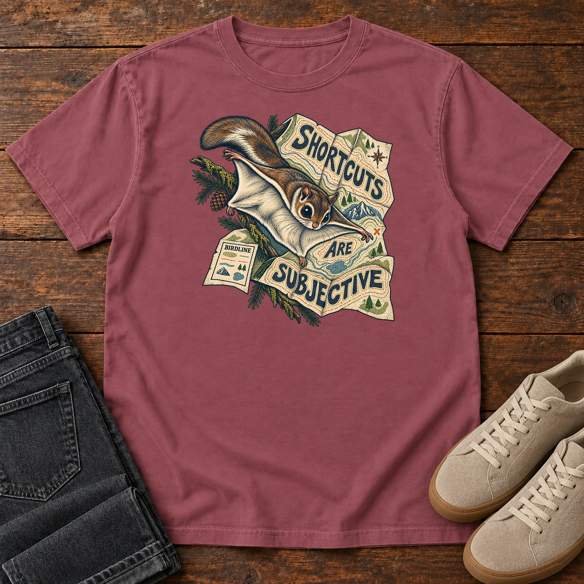 Shortcuts Are Subjective Flying Squirrel T-Shirt in Brick