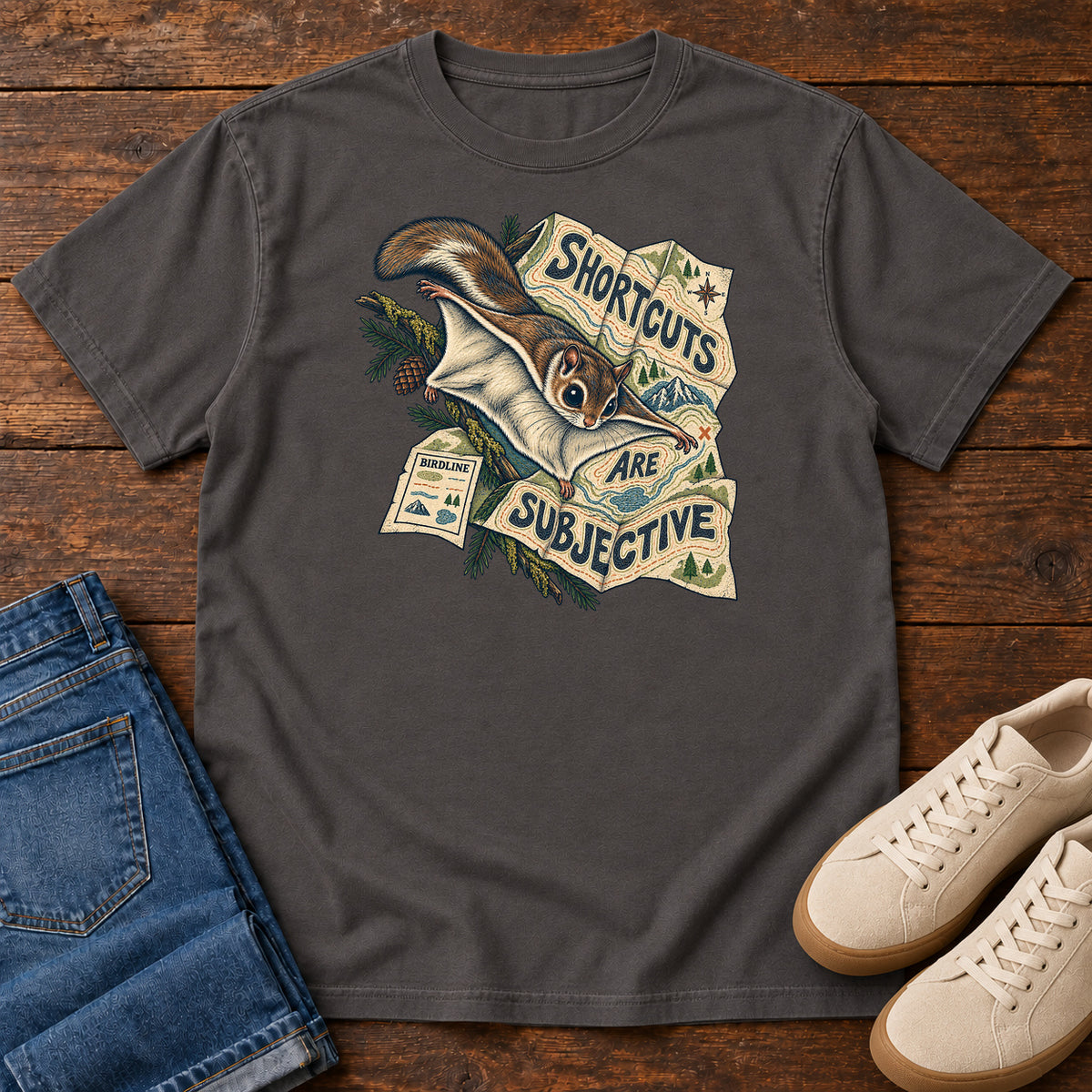 Shortcuts Are Subjective Flying Squirrel T-Shirt in Graphite