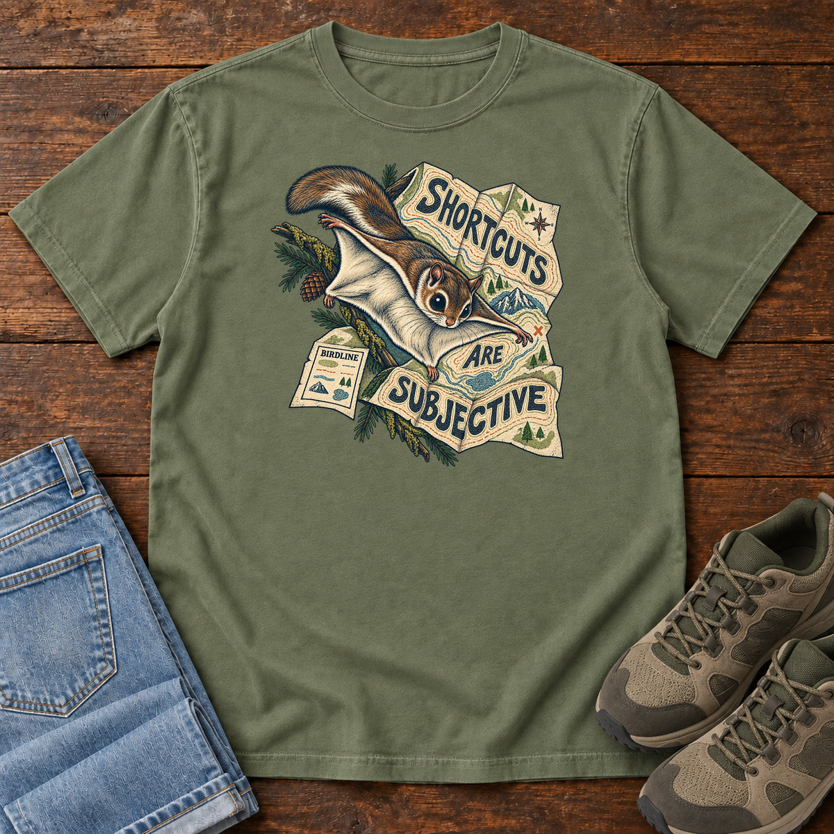 Shortcuts Are Subjective Flying Squirrel T-Shirt in Moss