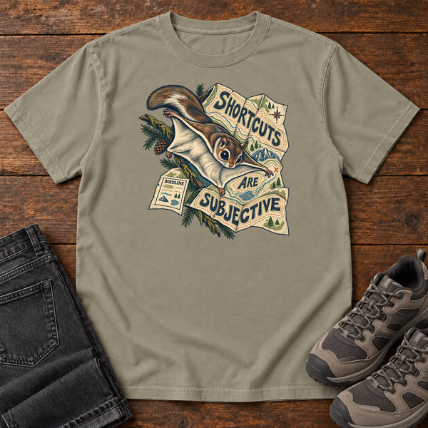 Shortcuts Are Subjective Flying Squirrel T-Shirt in Sandstone, front view