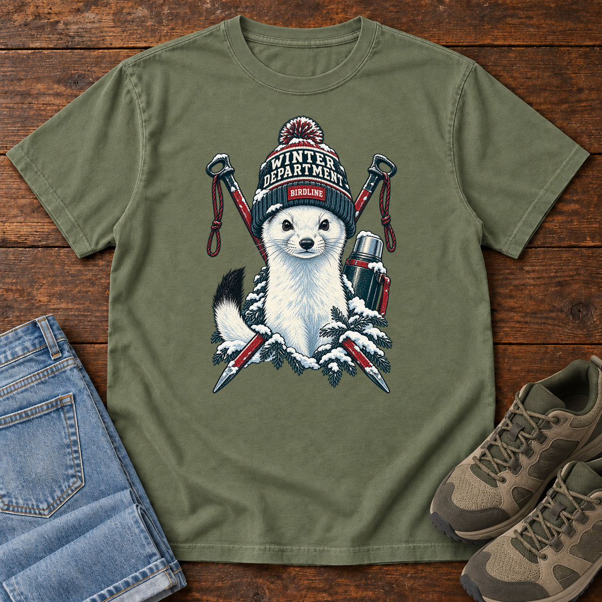 Winter Department Stoat T-Shirt in Moss