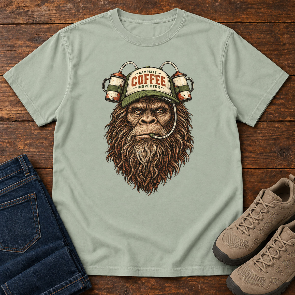 Campsite Coffee Inspector Bigfoot T-Shirt in Bay