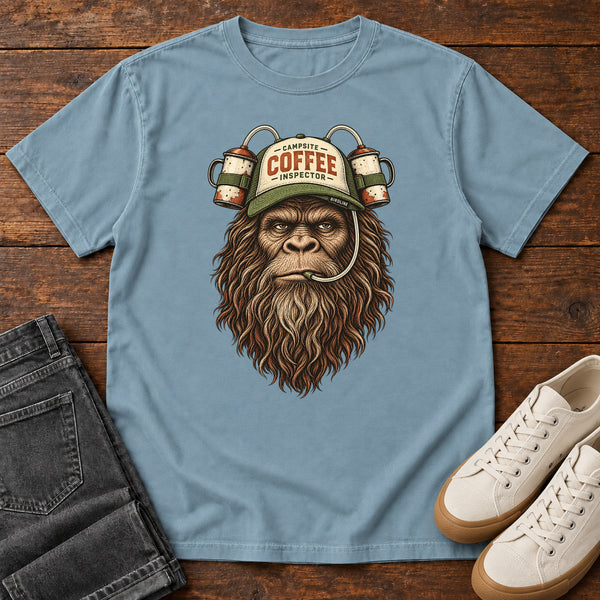 Campsite Coffee Inspector Bigfoot T-Shirt in Ice Blue, front view