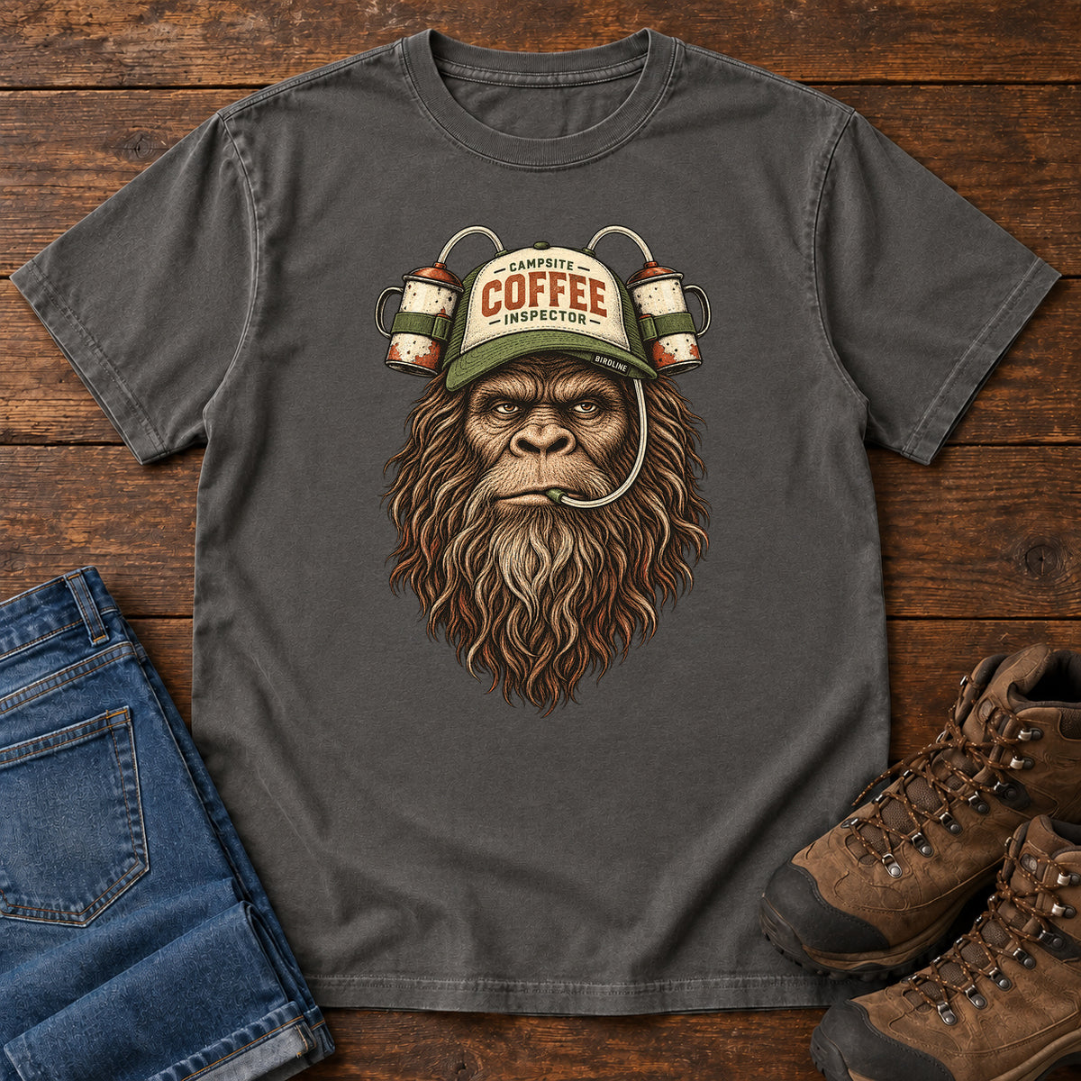 Campsite Coffee Inspector Bigfoot T-Shirt in Pepper