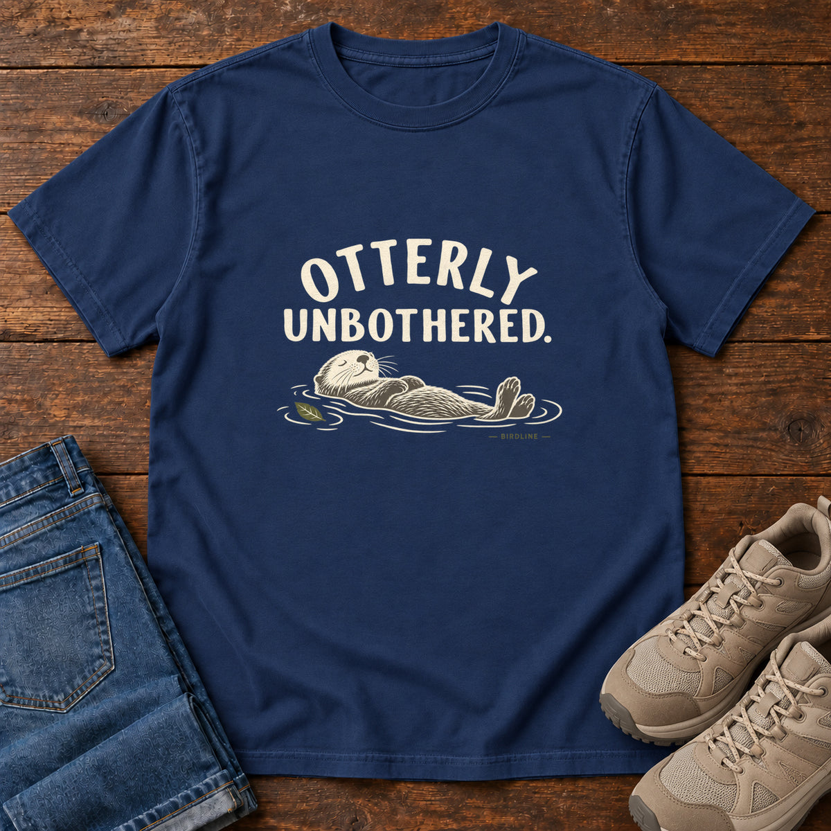 True Navy Otterly Unbothered T-Shirt with a cream line drawing of an otter floating on its back beneath curved lettering; front flat lay on wood.
