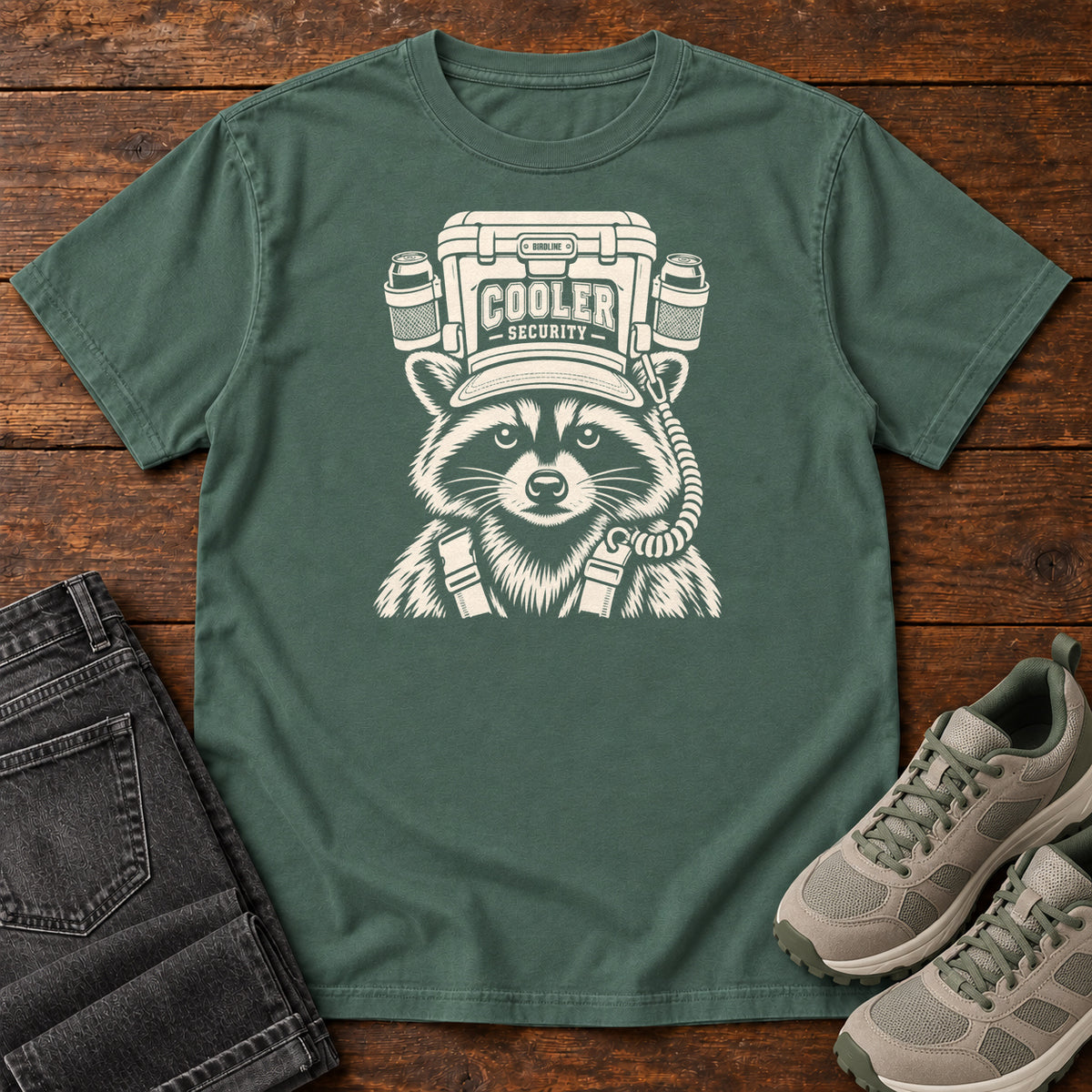 Cooler Security Raccoon T-Shirt in Blue Spruce
