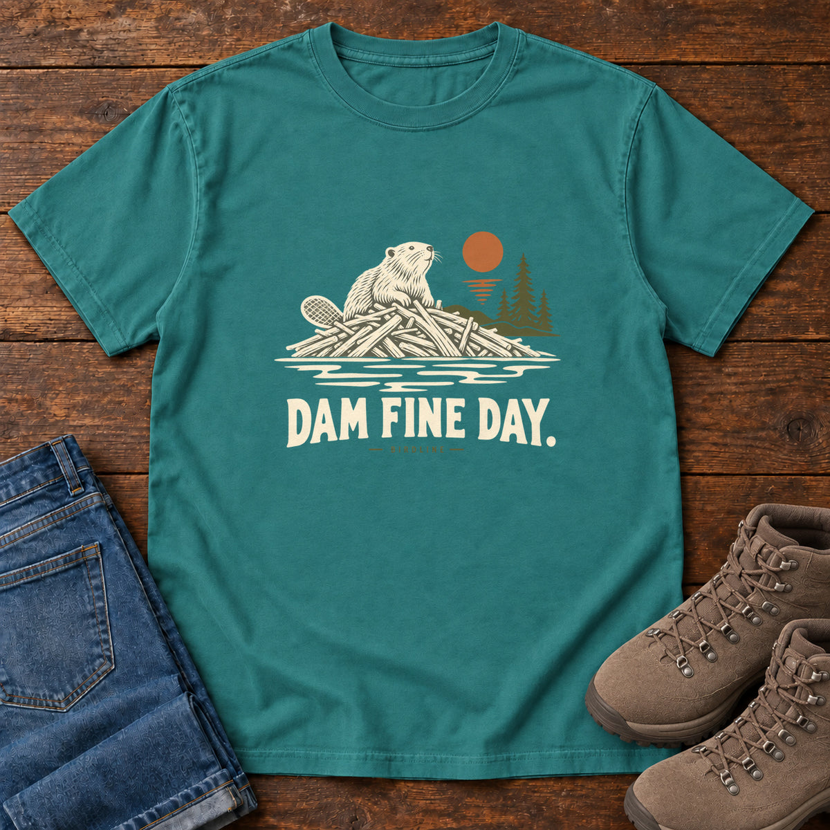 Emerald Dam Fine Day T-Shirt with a beaver on a pile of branches beside evergreens and an orange sun; front flat lay on wood.