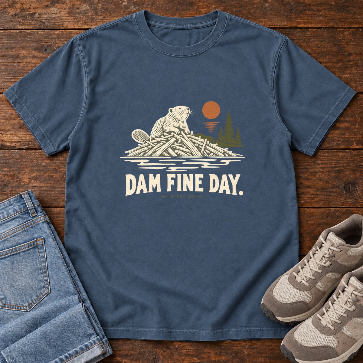 Midnight Dam Fine Day T-Shirt with a beaver on a pile of branches beside evergreens and an orange sun; front flat lay on wood.