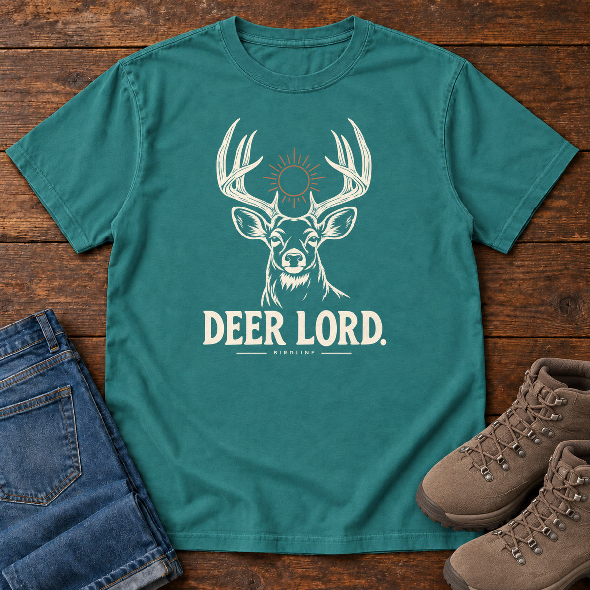 Emerald Deer Lord T-Shirt with a cream antlered deer head, a sun symbol and Deer Lord lettering; front flat lay on wood.