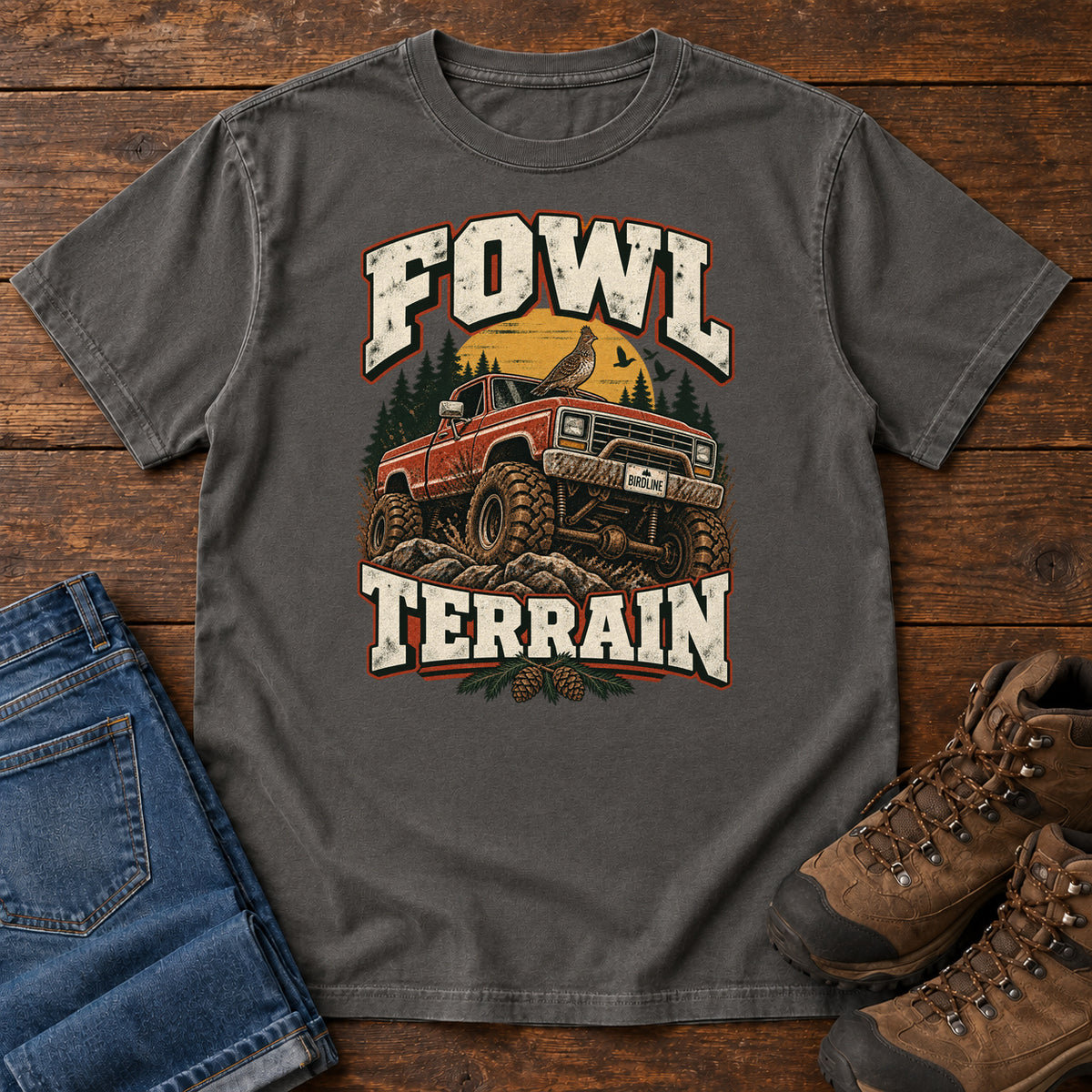 Fowl Terrain T-Shirt in Pepper, front laid flat on wood, featuring an orange off-road truck with a bird on its roof, pine trees, a yellow sun and bold cream lettering.