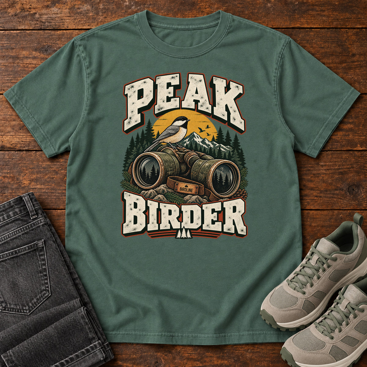 Blue Spruce Peak Birder T-Shirt with a small black-capped bird on binoculars, with mountains and distressed cream lettering, front flat lay on wood.