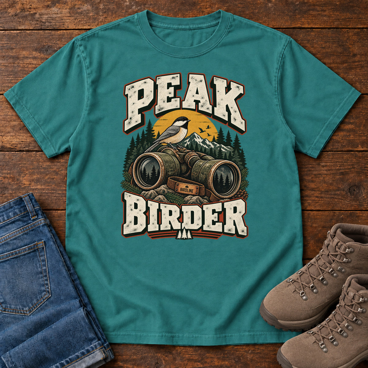 Emerald Peak Birder T-Shirt with a small black-capped bird on binoculars, with mountains and distressed cream lettering, front flat lay on wood.